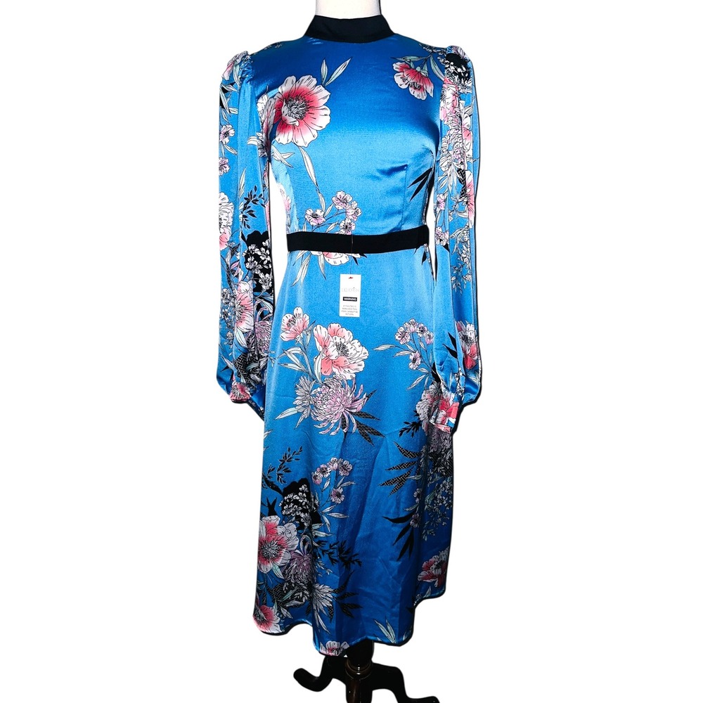WB6 Liquorish Blue Floral Print Long Sleeve Midi Dress Party Cocktail‎ New